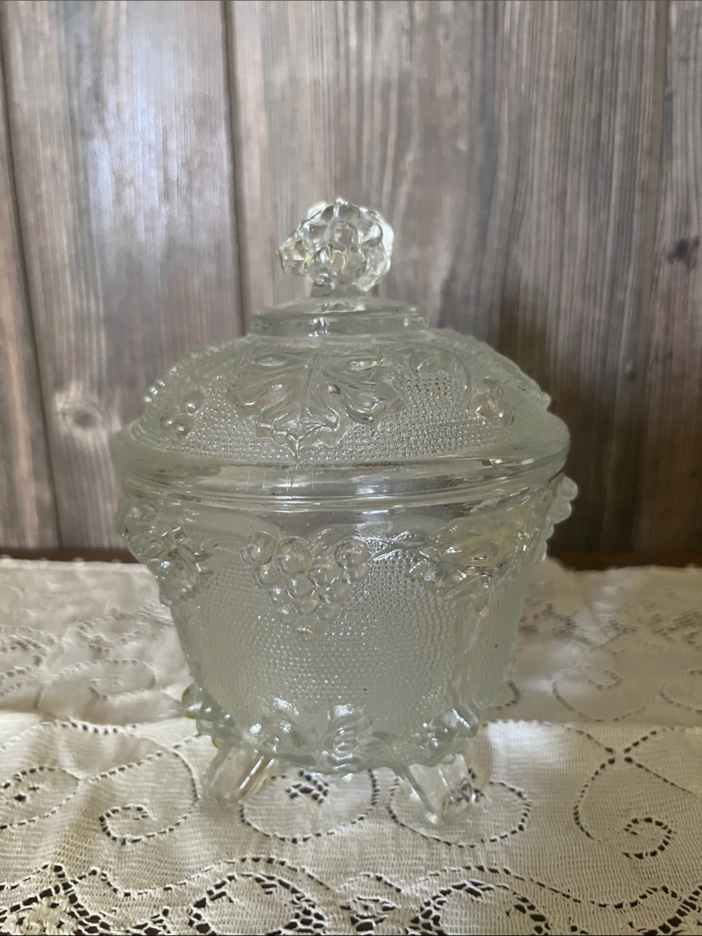 Vintage Jeannette Glass Footed Candy Dish with lid- Clear Grape Motif